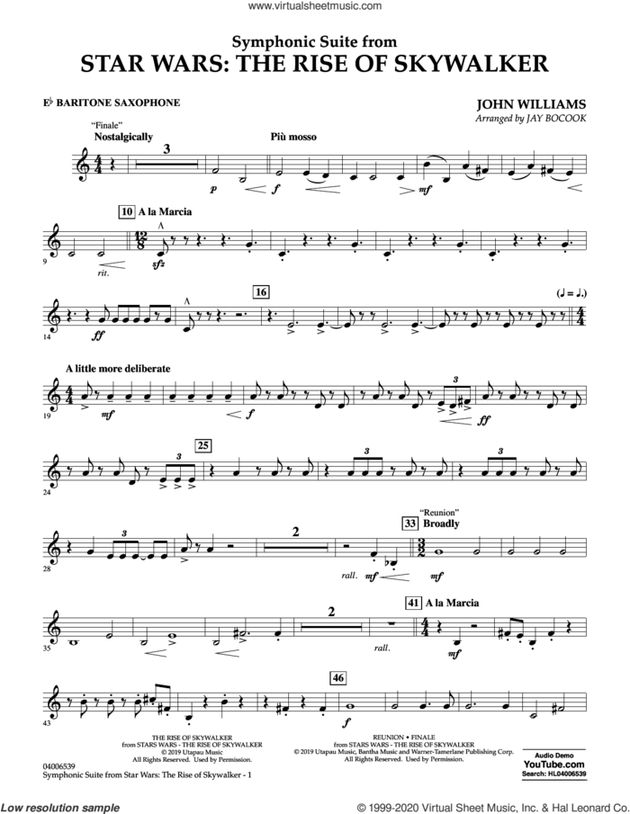 Symphonic Suite from Star Wars: The Rise of Skywalker (arr. Bocook) sheet music for concert band (Eb baritone saxophone) by John Williams and Jay Bocook, intermediate skill level