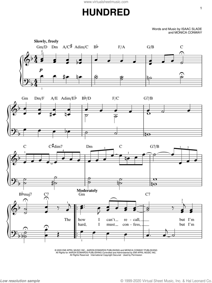 Hundred sheet music for piano solo by The Fray, Isaac Slade and Monica Conway, easy skill level