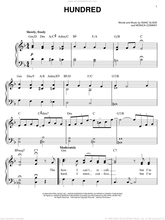 Hundred sheet music for piano solo by The Fray, Isaac Slade and Monica Conway, easy skill level