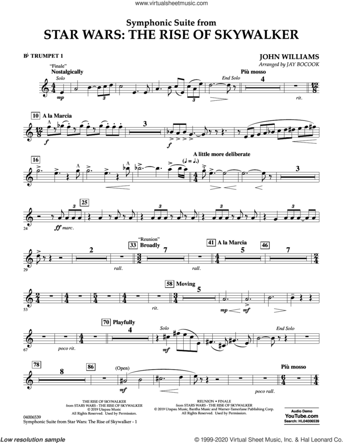 Symphonic Suite from Star Wars: The Rise of Skywalker (arr. Bocook) sheet music for concert band (Bb trumpet 1) by John Williams and Jay Bocook, intermediate skill level
