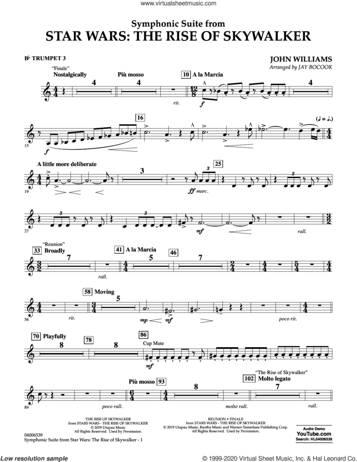 Symphonic Suite from Star Wars: The Rise of Skywalker (arr. Bocook) sheet music for concert band (Bb trumpet 3) by John Williams and Jay Bocook, intermediate skill level