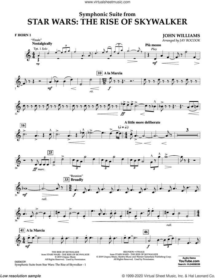 Symphonic Suite from Star Wars: The Rise of Skywalker (arr. Bocook) sheet music for concert band (f horn 1) by John Williams and Jay Bocook, intermediate skill level