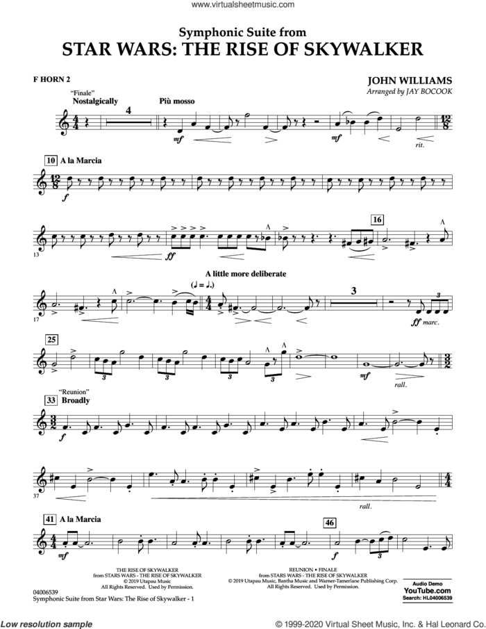 Symphonic Suite from Star Wars: The Rise of Skywalker (arr. Bocook) sheet music for concert band (f horn 2) by John Williams and Jay Bocook, intermediate skill level