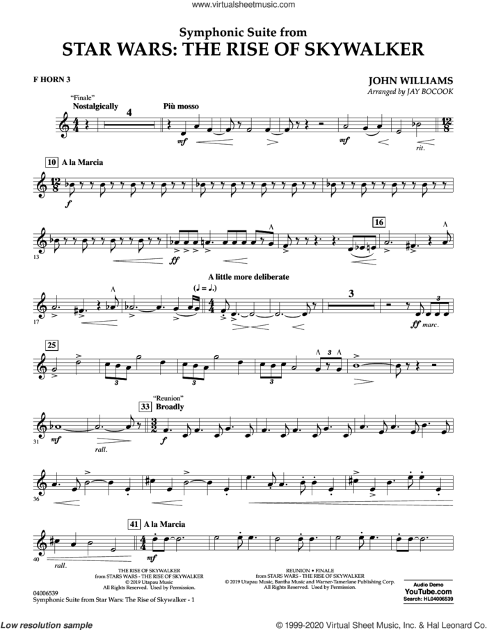 Symphonic Suite from Star Wars: The Rise of Skywalker (arr. Bocook) sheet music for concert band (f horn 3) by John Williams and Jay Bocook, intermediate skill level