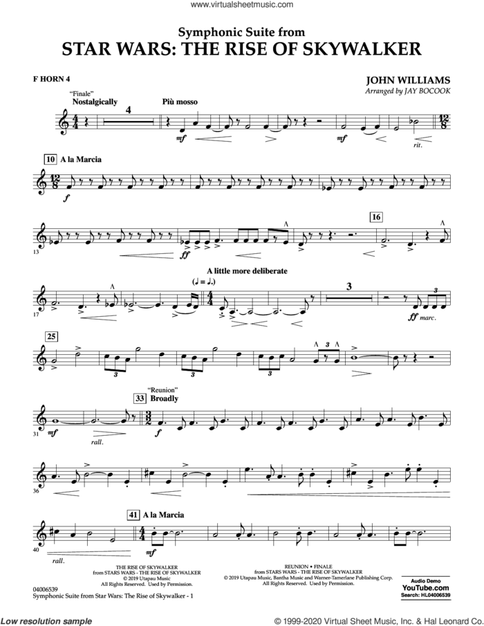 Symphonic Suite from Star Wars: The Rise of Skywalker (arr. Bocook) sheet music for concert band (f horn 4) by John Williams and Jay Bocook, intermediate skill level