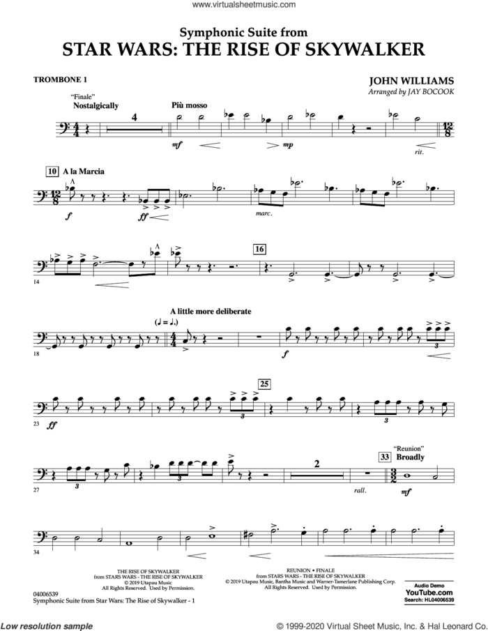 Symphonic Suite from Star Wars: The Rise of Skywalker (arr. Bocook) sheet music for concert band (trombone 1) by John Williams and Jay Bocook, intermediate skill level