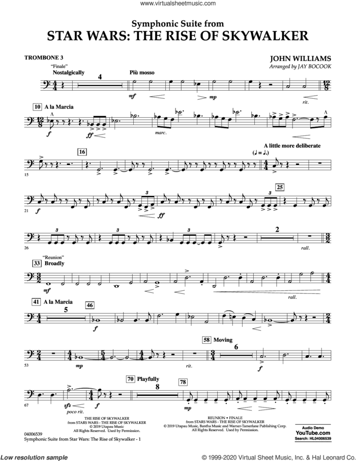 Symphonic Suite from Star Wars: The Rise of Skywalker (arr. Bocook) sheet music for concert band (trombone 3) by John Williams and Jay Bocook, intermediate skill level