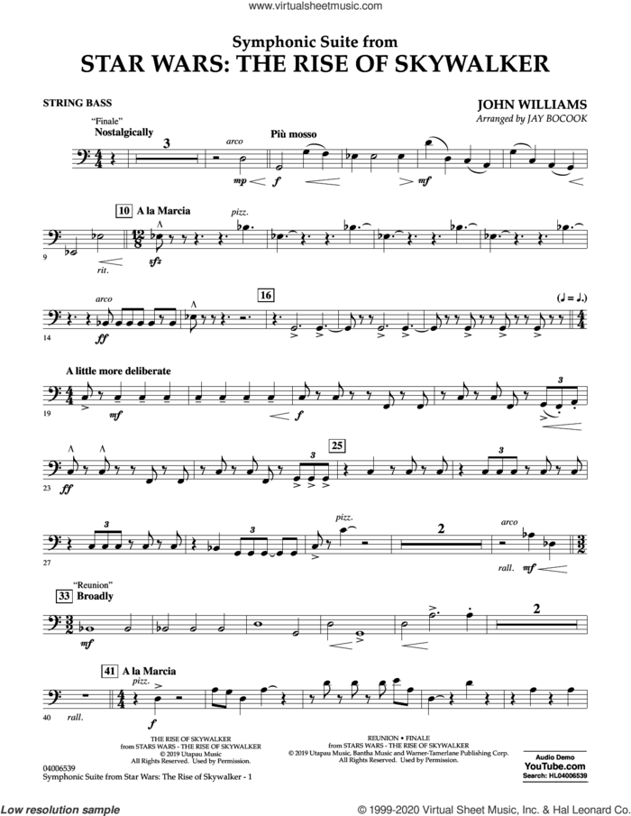 Symphonic Suite from Star Wars: The Rise of Skywalker (arr. Bocook) sheet music for concert band (string bass) by John Williams and Jay Bocook, intermediate skill level