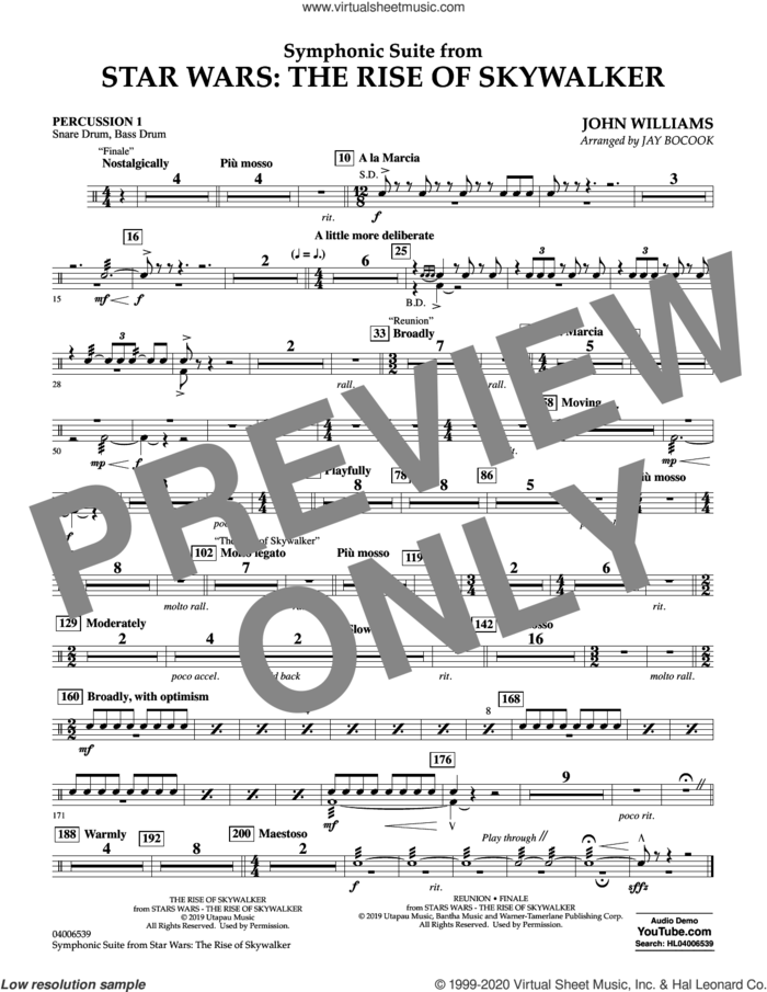 Symphonic Suite from Star Wars: The Rise of Skywalker (arr. Bocook) sheet music for concert band (percussion 1) by John Williams and Jay Bocook, intermediate skill level