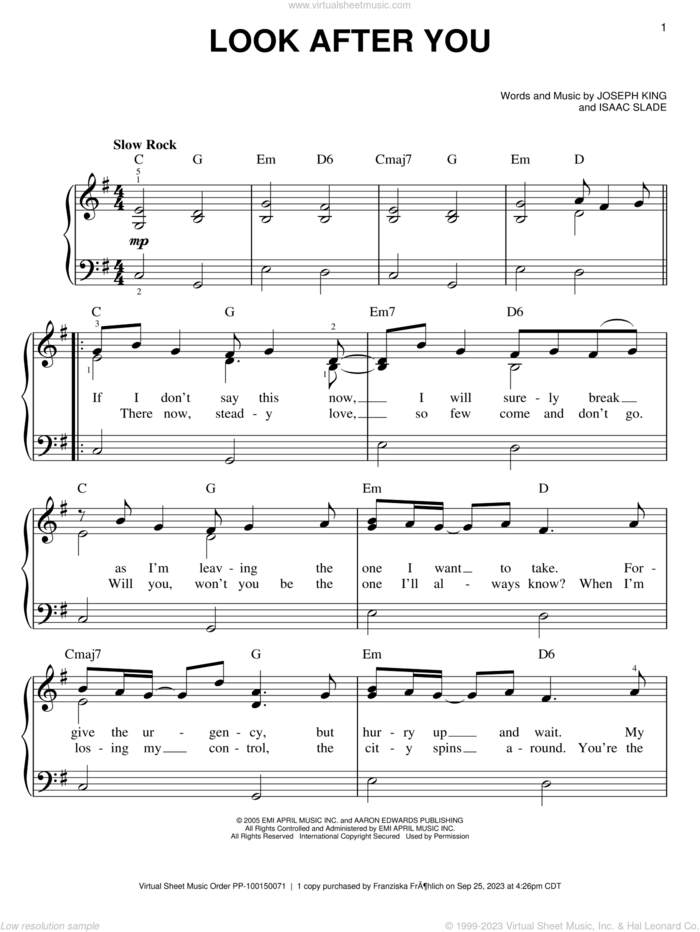 Look After You sheet music for piano solo by The Fray, Isaac Slade and Joseph King, easy skill level