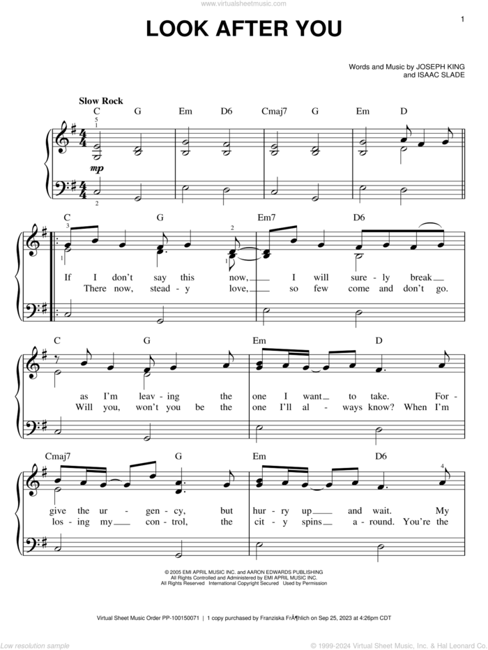 Look After You sheet music for piano solo by The Fray, Isaac Slade and Joseph King, easy skill level