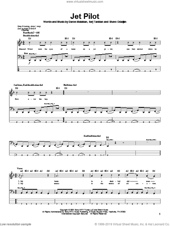 Jet Pilot sheet music for bass (tablature) (bass guitar) by System Of A Down, Daron Malakian, Serj Tankian and Shavo Odadjian, intermediate skill level