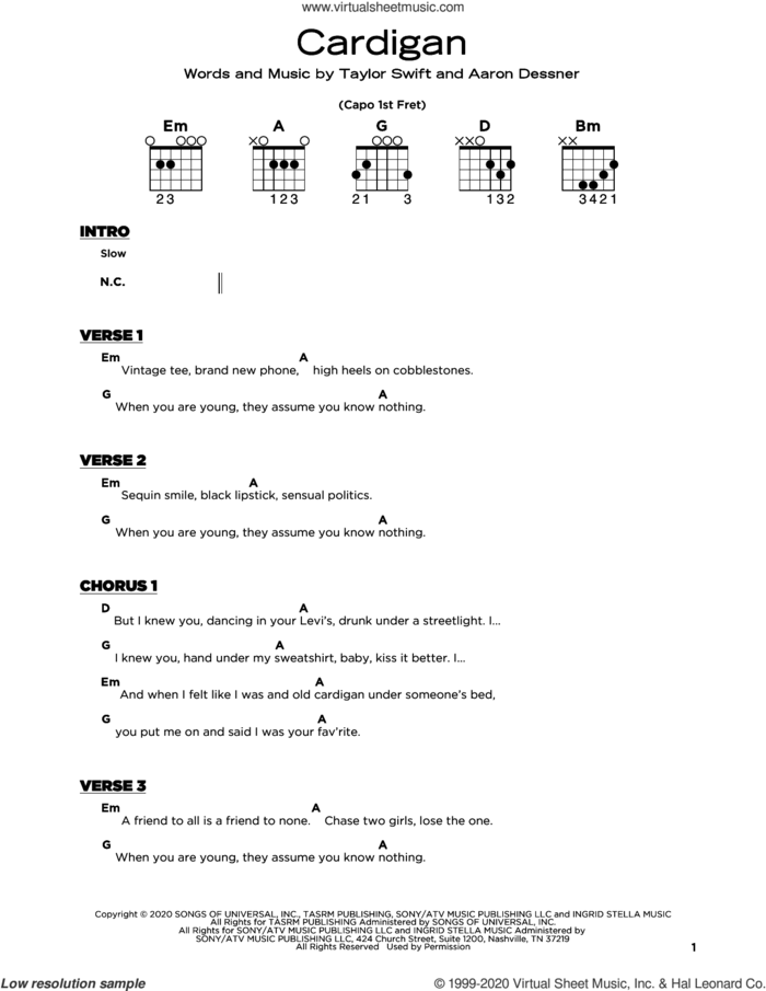 cardigan sheet music for guitar solo by Taylor Swift and Aaron Dessner, beginner skill level