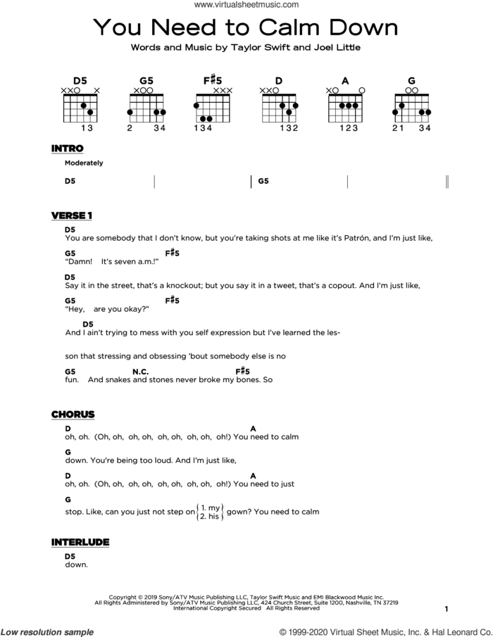 You Need To Calm Down sheet music for guitar solo by Taylor Swift and Joel Little, beginner skill level