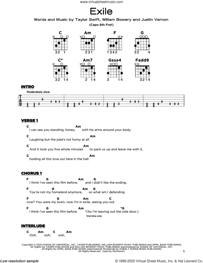 exile (feat. Bon Iver) sheet music for guitar solo by Taylor Swift, Bon Iver, Justin Vernon and William Bowery, beginner skill level