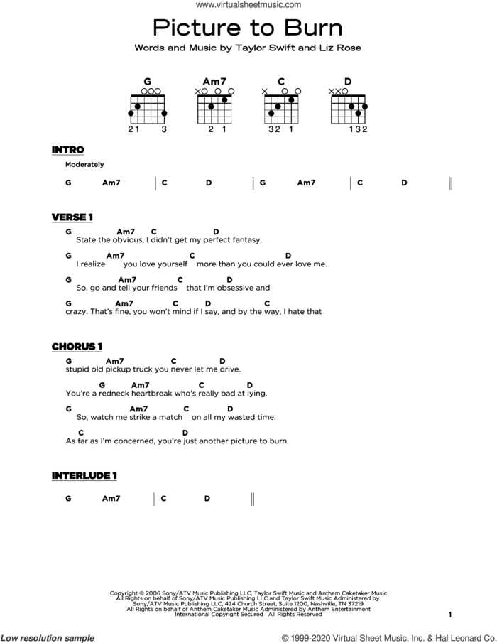 Picture To Burn sheet music for guitar solo by Taylor Swift and Liz Rose, beginner skill level
