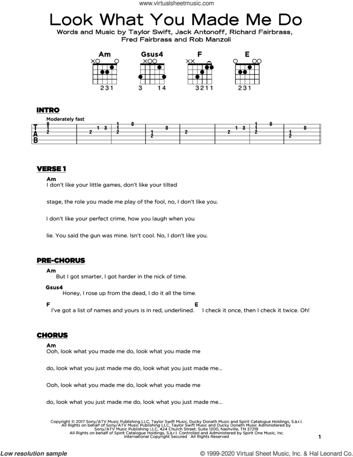 Look What You Made Me Do sheet music for guitar solo by Taylor Swift, Fred Fairbrass, Jack Antonoff, Richard Fairbrass and Rob Manzoli, beginner skill level