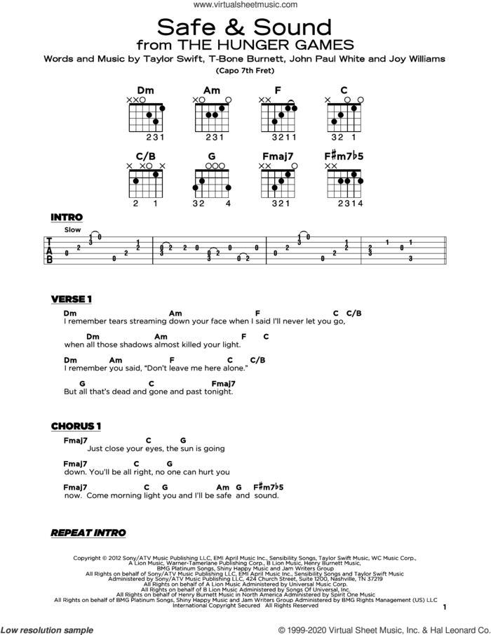 Safe and Sound (feat. The Civil Wars) (from The Hunger Games) sheet music for guitar solo by Taylor Swift, The Civil Wars, William Joseph, John Paul White, Joy Williams and T-Bone Burnett, beginner skill level