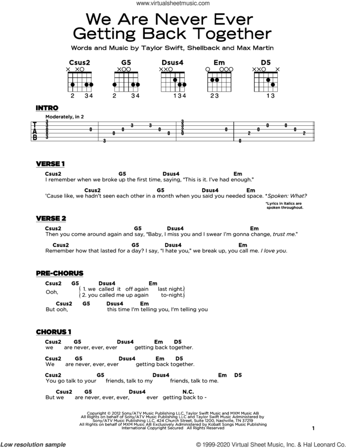 We Are Never Ever Getting Back Together sheet music for guitar solo by Taylor Swift, Max Martin and Shellback, beginner skill level