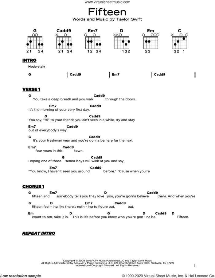 Fifteen sheet music for guitar solo by Taylor Swift, beginner skill level