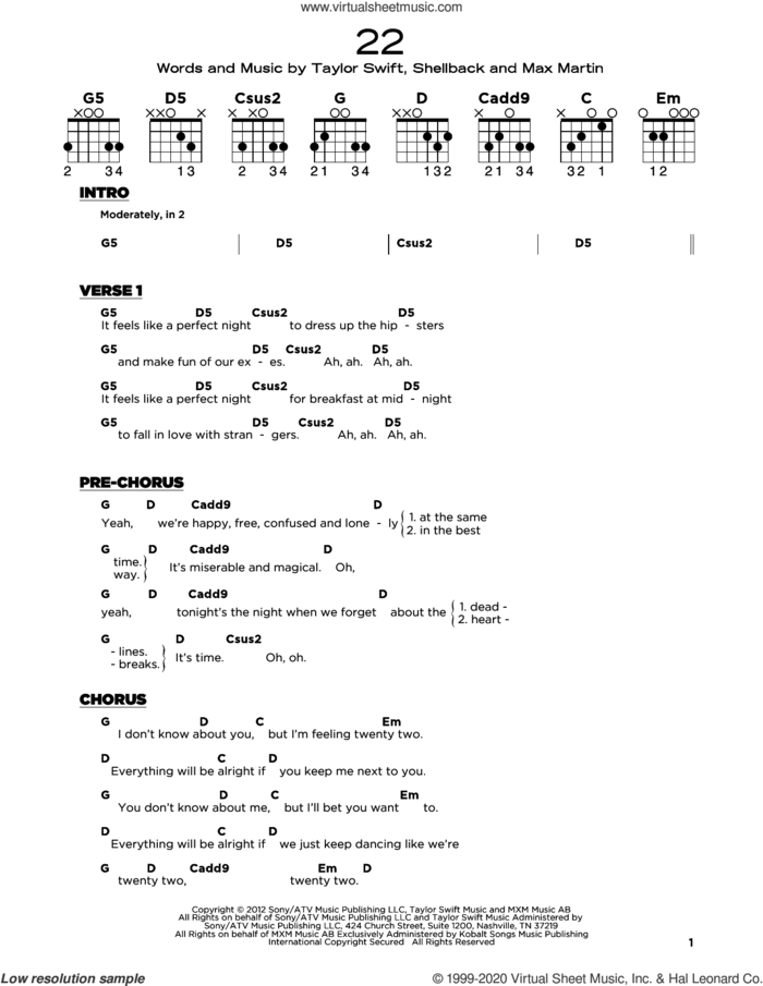 22 sheet music for guitar solo by Taylor Swift, Max Martin and Shellback, beginner skill level