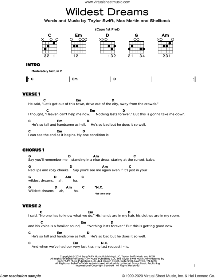 Wildest Dreams sheet music for guitar solo by Taylor Swift, Johan Schuster, Max Martin and Shellback, beginner skill level