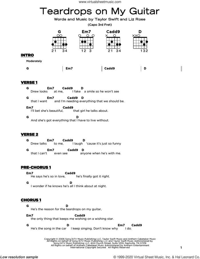 Teardrops On My Guitar sheet music for guitar solo by Taylor Swift and Liz Rose, beginner skill level