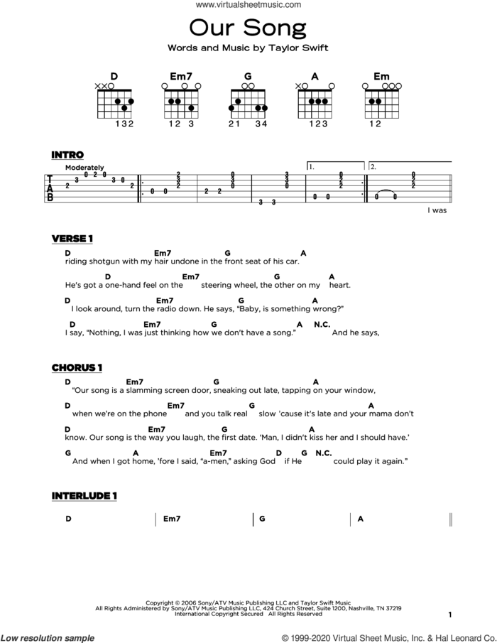 Our Song sheet music for guitar solo by Taylor Swift, beginner skill level