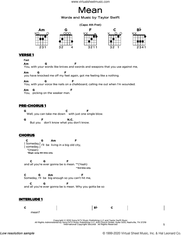 Mean sheet music for guitar solo by Taylor Swift, beginner skill level