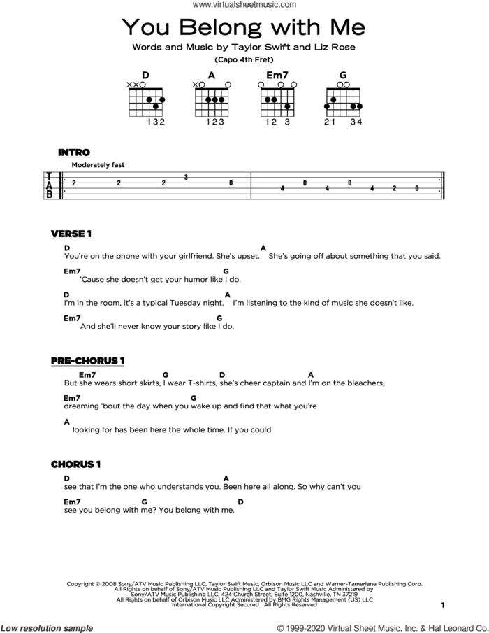You Belong With Me sheet music for guitar solo by Taylor Swift and Liz Rose, beginner skill level