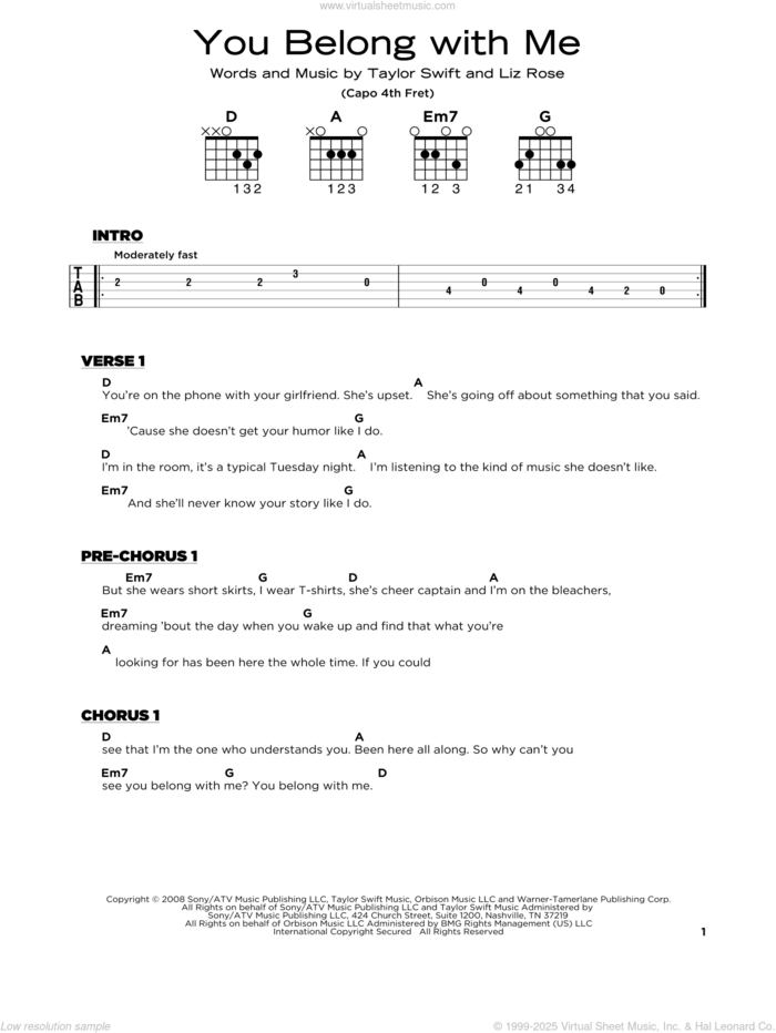 You Belong With Me sheet music for guitar solo by Taylor Swift and Liz Rose, beginner skill level