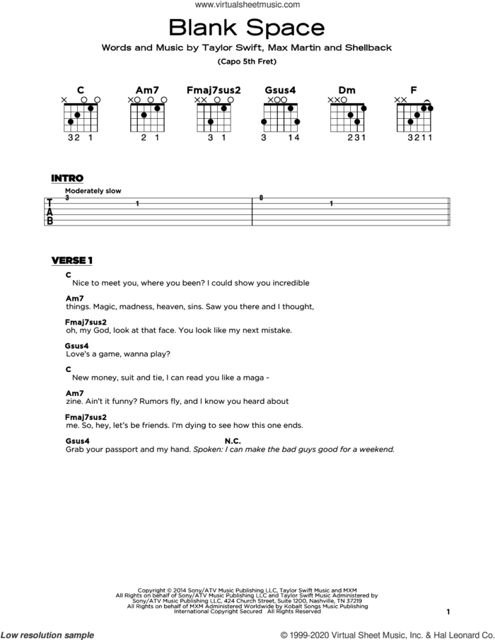 Blank Space, (beginner) sheet music for guitar solo by Taylor Swift, Johan Schuster, Max Martin and Shellback, beginner skill level