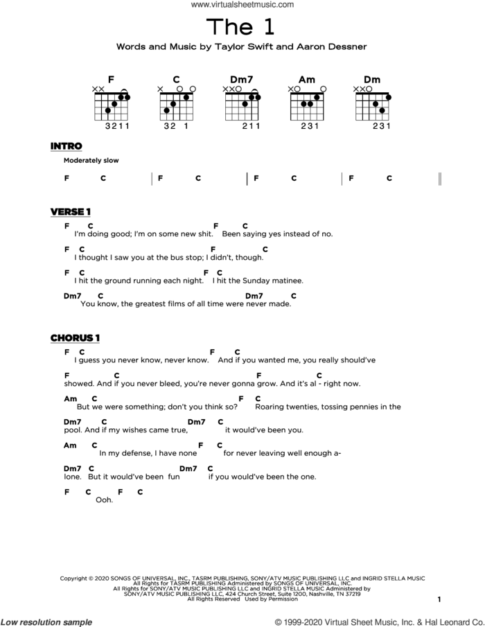 the 1 sheet music for guitar solo by Taylor Swift and Aaron Dessner, beginner skill level