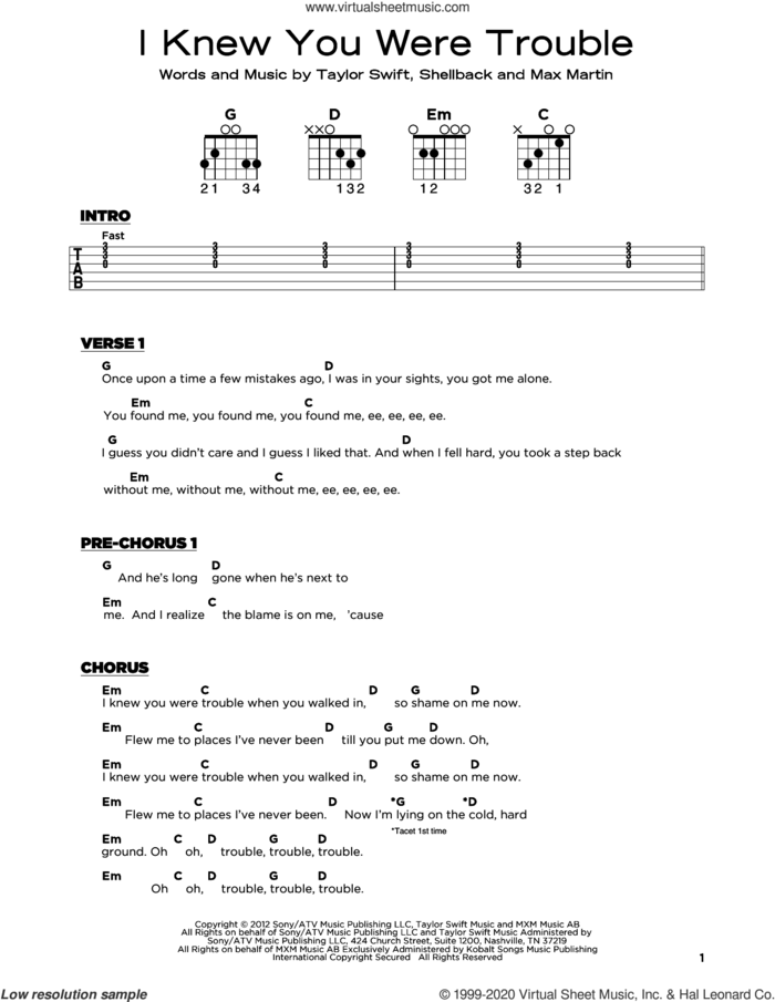 I Knew You Were Trouble sheet music for guitar solo by Taylor Swift, Max Martin and Shellback, beginner skill level