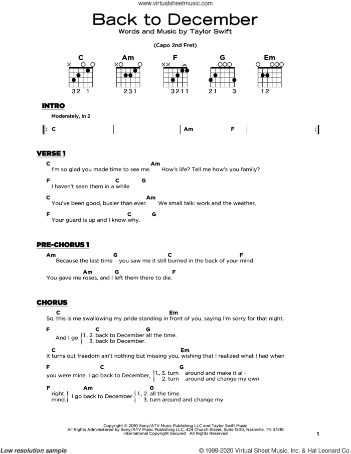 Back To December sheet music for guitar solo by Taylor Swift, beginner skill level