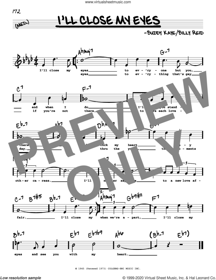 I'll Close My Eyes (High Voice) sheet music for voice and other instruments (high voice) by Buddy Kaye and Billy Reid, intermediate skill level