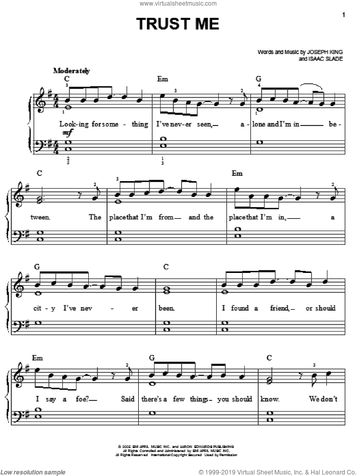 Trust Me sheet music for piano solo by The Fray, Isaac Slade and Joseph King, easy skill level