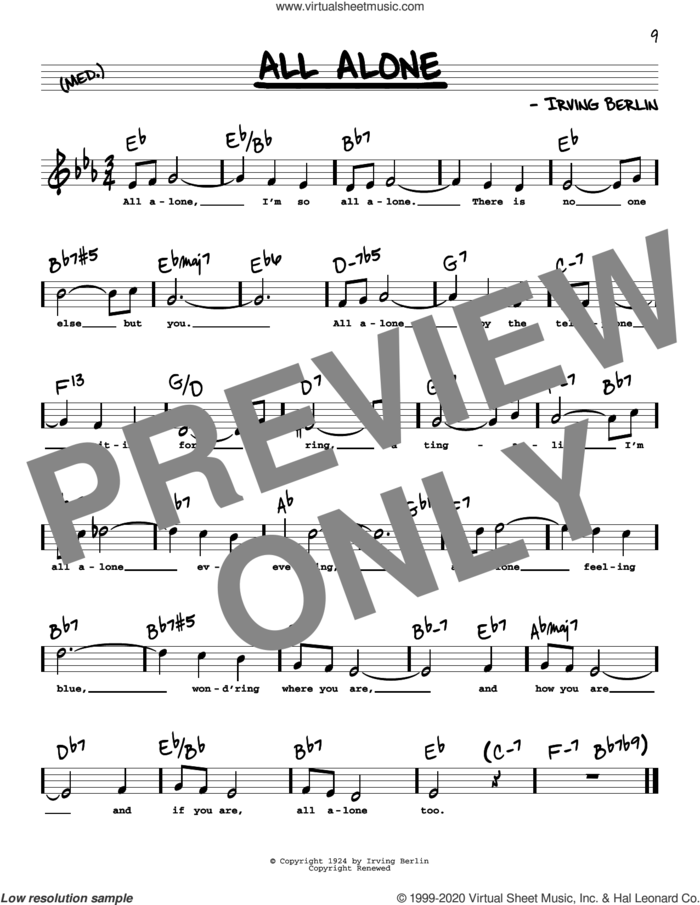 All Alone (High Voice) sheet music for voice and other instruments (high voice) by Irving Berlin, Al Jolson and Alice Faye, intermediate skill level