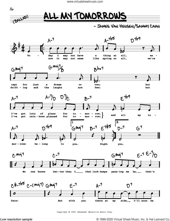 All My Tomorrows (High Voice) sheet music for voice and other instruments (high voice) by Sammy Cahn and Jimmy van Heusen, intermediate skill level