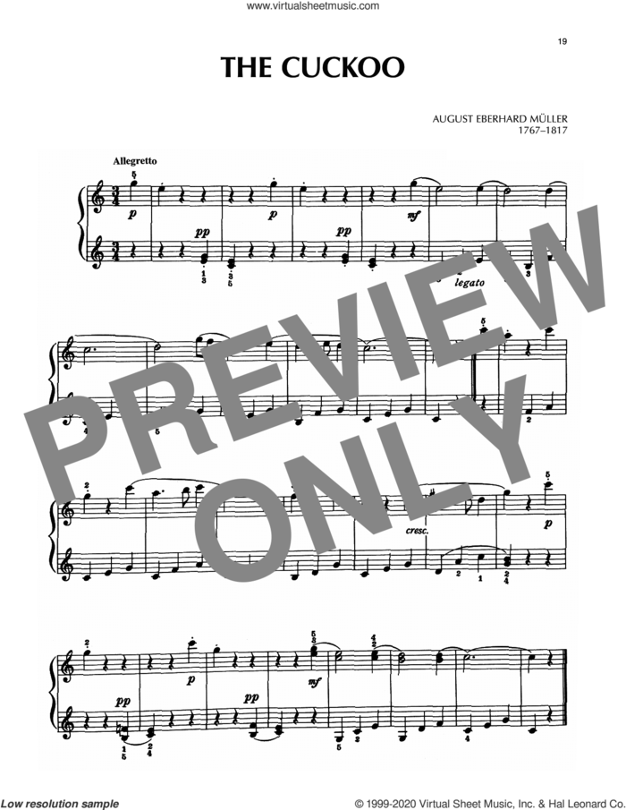 The Cuckoo, (intermediate) sheet music for piano solo by August Eberhard Muller, classical score, intermediate skill level