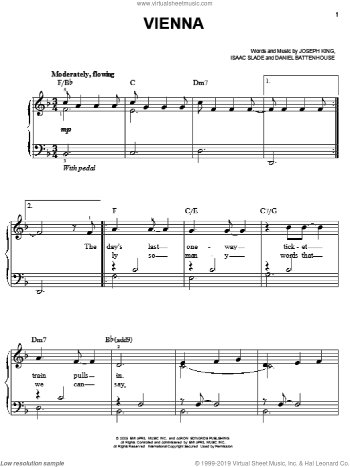 Vienna sheet music for piano solo by The Fray, Daniel Battenhouse, Isaac Slade and Joseph King, easy skill level