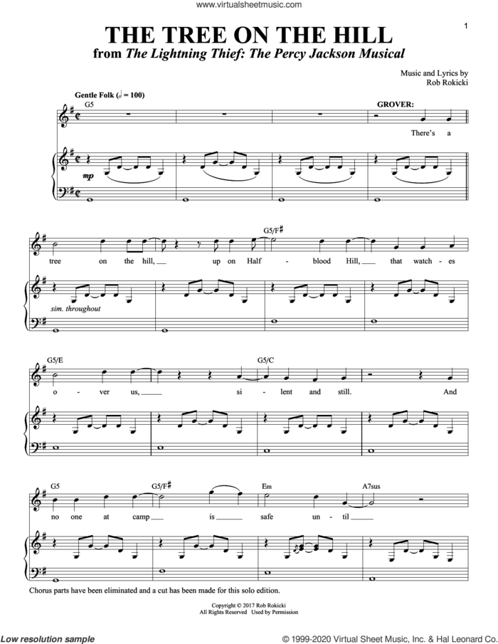 The Tree On The Hill [Solo version] (from The Lightning Thief: The Percy Jackson Musical) sheet music for voice and piano by Rob Rokicki, intermediate skill level