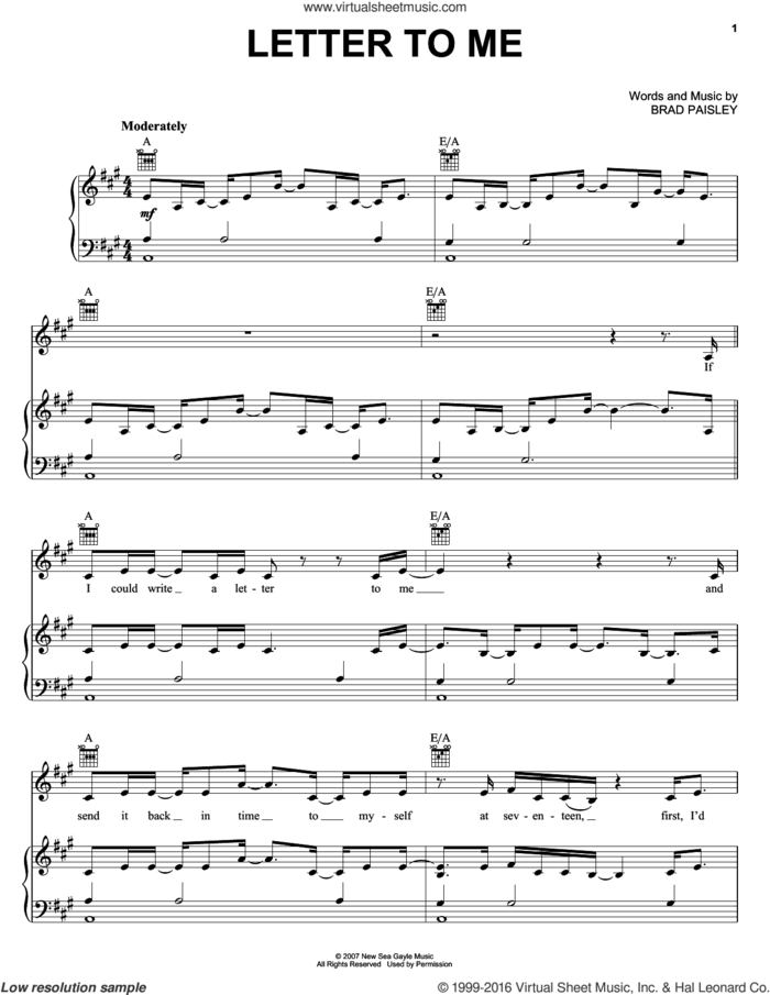 Letter To Me sheet music for voice, piano or guitar by Brad Paisley, intermediate skill level