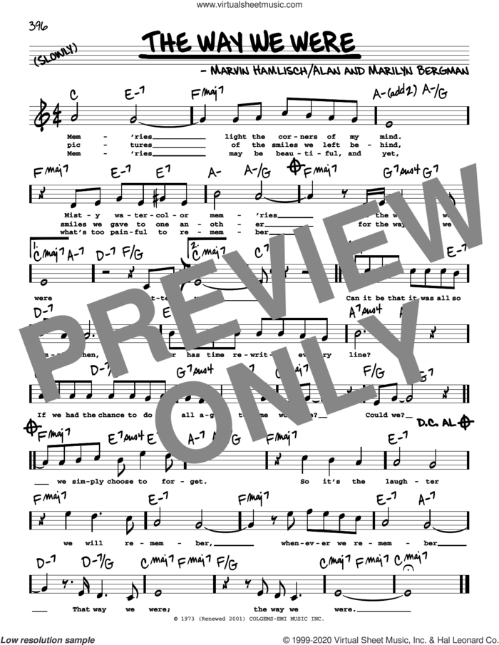 The Way We Were (High Voice) sheet music for voice and other instruments (high voice) by Barbra Streisand, Alan Bergman, Marilyn Bergman and Marvin Hamlisch, intermediate skill level