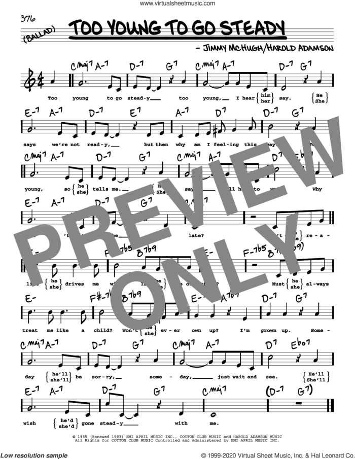 Too Young To Go Steady (High Voice) sheet music for voice and other instruments (high voice) by Jimmy McHugh and Harold Adamson, intermediate skill level