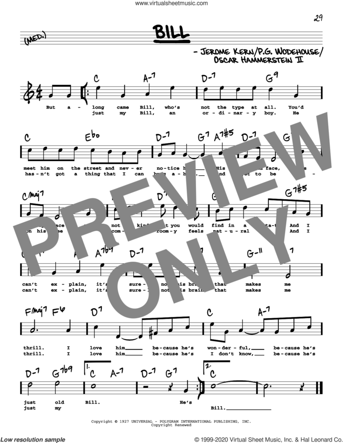 Bill (High Voice) (from Show Boat) sheet music for voice and other instruments (real book with lyrics) by Oscar II Hammerstein, Jerome Kern, Jerome Kern and Oscar Hammerstein II and P.G. Wodehouse, intermediate skill level