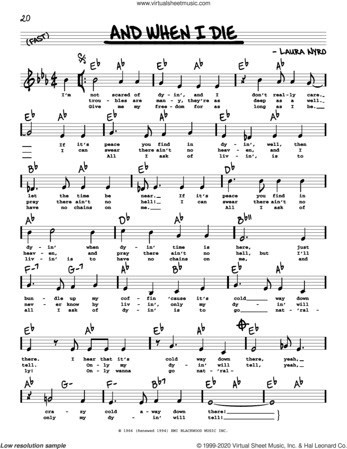 And When I Die (High Voice) sheet music for voice and other instruments (high voice) by Laura Nyro, Blood, Sweat & Tears and Peter, Paul & Mary, intermediate skill level