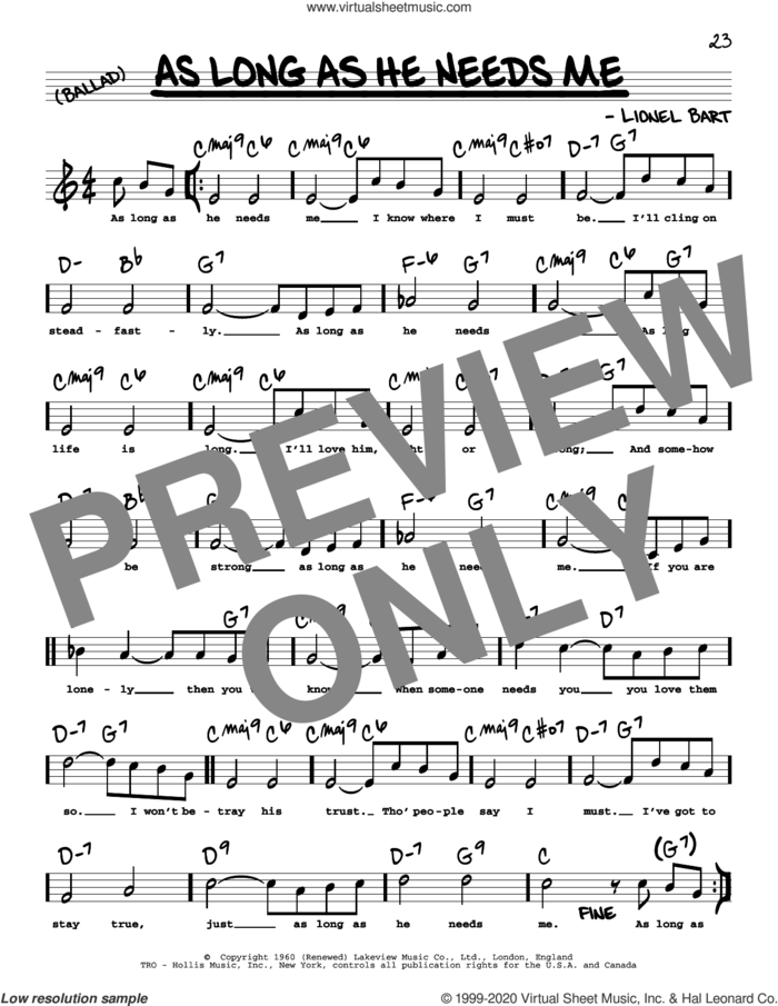 As Long As He Needs Me (High Voice) (from Oliver) sheet music for voice and other instruments (high voice) by Lionel Bart, intermediate skill level