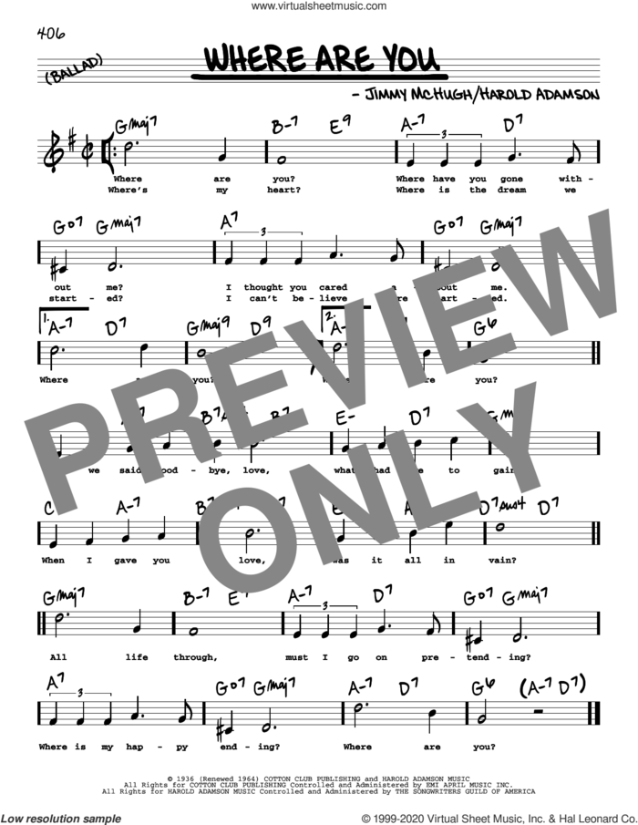 Where Are You (High Voice) sheet music for voice and other instruments (high voice) by Frank Sinatra, Vikki Carr, Harold Adamson and Jimmy McHugh, intermediate skill level
