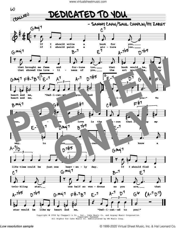 Dedicated To You (High Voice) sheet music for voice and other instruments (high voice) by Sammy Cahn, Hy Zaret and Saul Chaplin, intermediate skill level